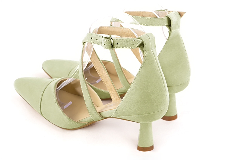 Meadow green women's open side shoes, with crossed straps. Tapered toe. Medium spool heels. Rear view - Florence KOOIJMAN